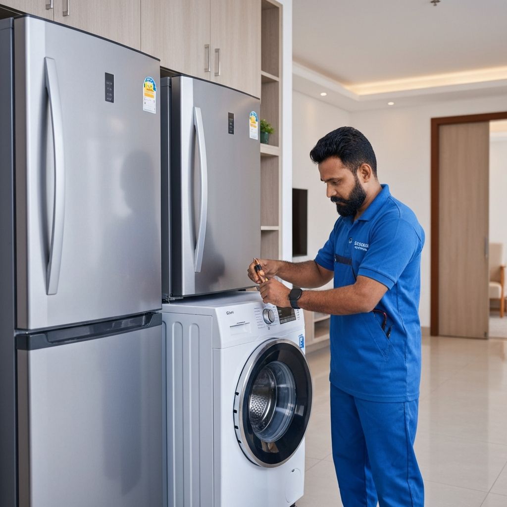 Fast Care technician repairing washing machine and refrigerator in a Bengaluru home